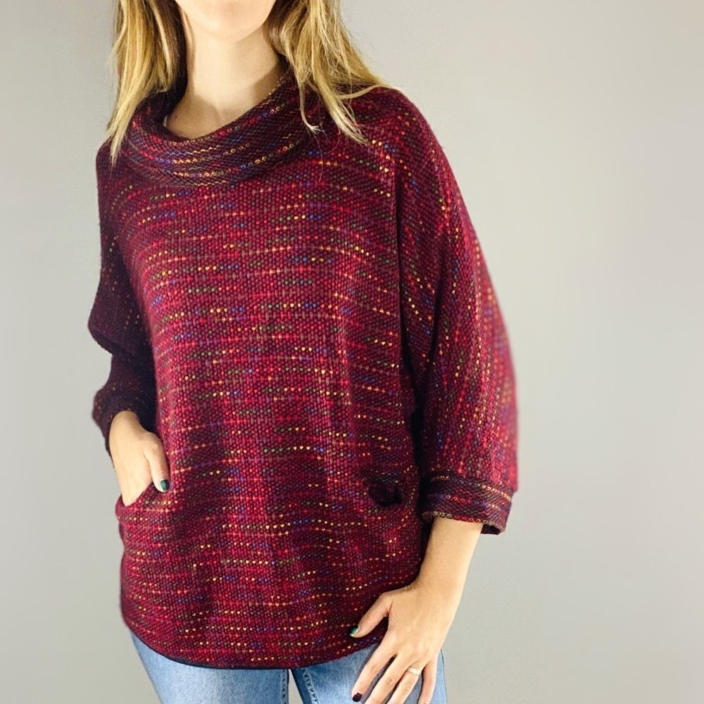 Made In Italy Burgundy Rainbow Knit Sweater. Cowl neck 3/4 sleeve
